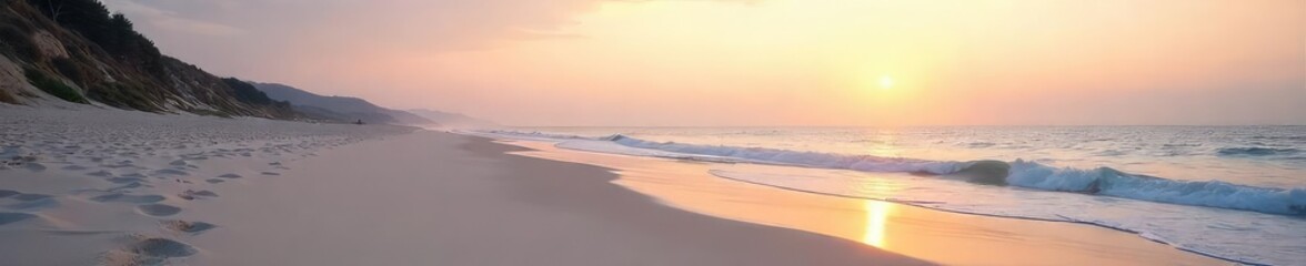 Obraz premium Vast, empty beach at dawn Soft, pale sand stretches to the horizon, undisturbed by footprints, meeting a tranquil, reflective ocean The sky displays a soft, pre-sunrise glow , open, texture, coast