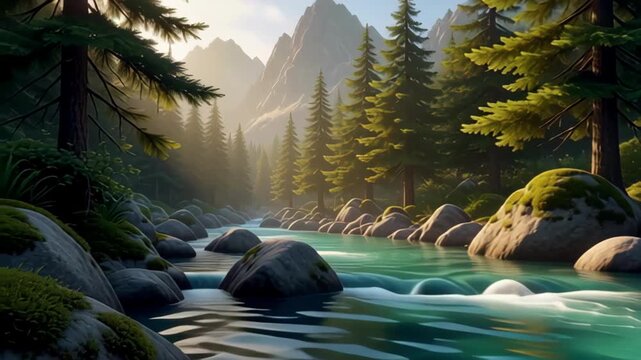 Clear Mountain River Flowing Through Evergreen Forest and Rocks