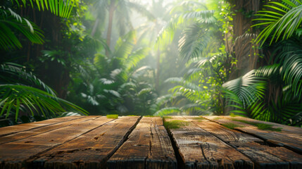 Obraz premium Wooden table in a lush jungle with sun rays shining through vibrant green foliage