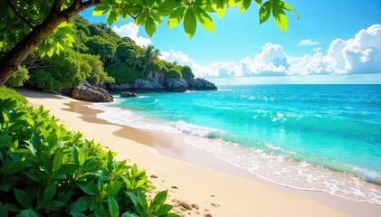 Fototapeta premium Vibrant summer scene featuring a sun-drenched beach, turquoise ocean waves, and lush green foliage Perfect for travel, vacation, and summer holiday themes , sand, heat