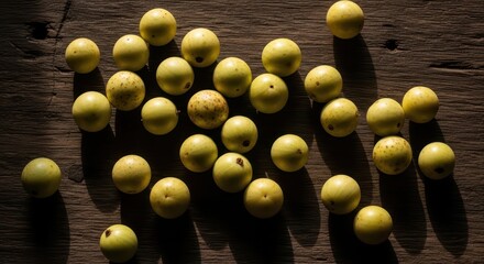 Cluster of freshly harvested golden berries on rustic wooden surface