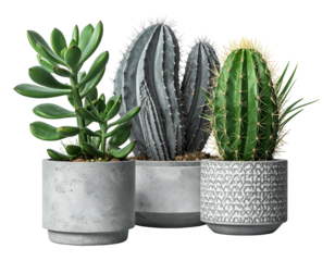 Three potted desert plants on a black background