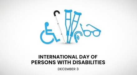 Blue disability symbols including wheelchair, crutches, cane, hearing aid, and glasses, representing inclusion and accessibility for International Day of Persons with Disabilities on December 3