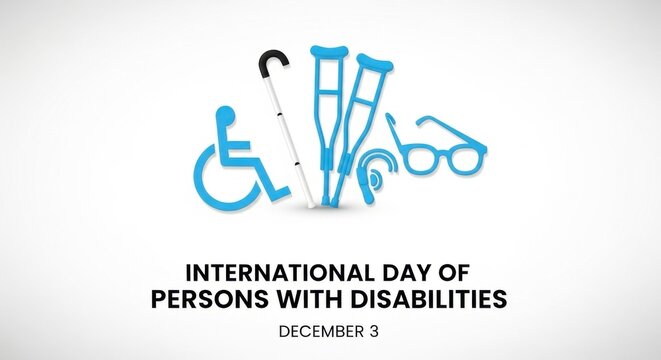 Blue disability symbols including wheelchair, crutches, cane, hearing aid, and glasses, representing inclusion and accessibility for International Day of Persons with Disabilities on December 3