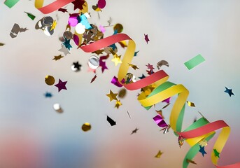 Colorful Confetti and Streamers Falling Down on a Party.
