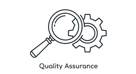 Magnifying glass inspecting a gear symbolizing quality control and meticulous inspection.