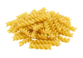 Isolated pile of uncooked dry fusilli pasta, Italian cuisine staple, culinary ingredient