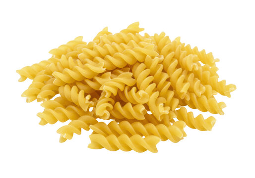 Isolated pile of uncooked dry fusilli pasta, Italian cuisine staple, culinary ingredient
