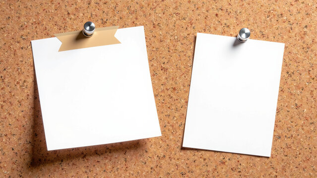 Blank notes pinned on corkboard, ideal for reminders or messages, creating clean and organized workspace