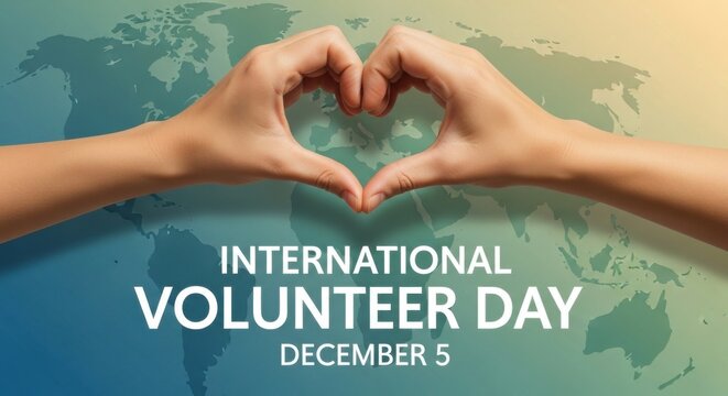 Hands forming a heart shape over a world map. International Volunteer Day on December 5. Concept of charity and community support