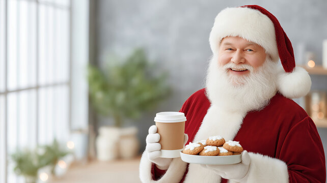 Cheerful santa claus with white beard holding plate of cookies and paper coffee cup standing in bright cozy room with christmas decorations. Concept of festive morning and joyful holiday spirit