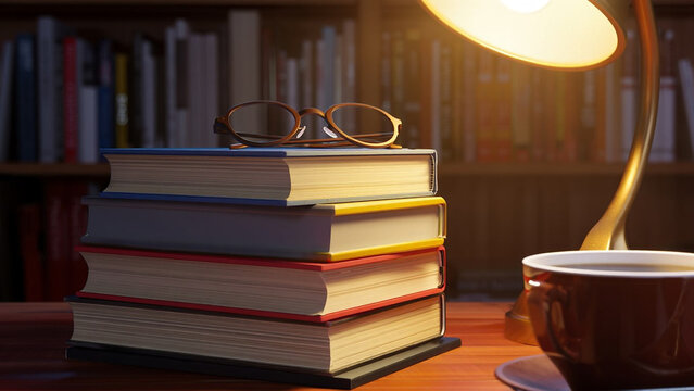 A stack of books with glasses and a coffee cup under a lamp in front of a bookshelf scene - Powered by Adobe