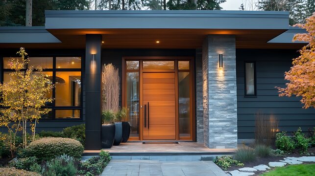 Stunning modern home entrance with natural wood door and stone accents radiates inviting warmth and architectural elegance for upscale living