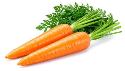 Two vibrant orange root vegetables with leafy green tops, lying diagonally on a white background. The leaves are fresh and verdant