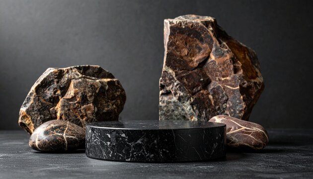 Stones on a dark background for the podium. natural stones with texture for the presentation of medicine products, cosmetics, perfumes, jewelry