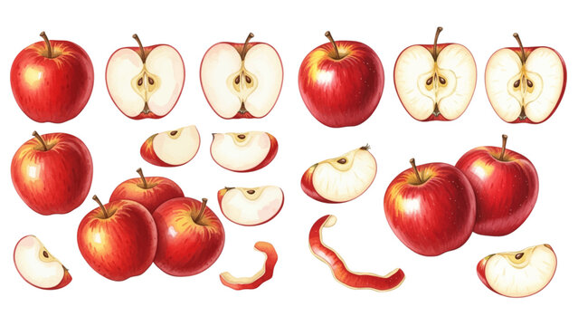 Detailed illustrations of ripe red apples, including whole fruits, halves with seeds, and various slices.