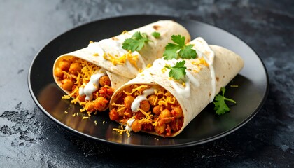 Two wraps on a plate, filled with chickpeas, orange sauce, cheese, and a white sauce, garnished with cilantro