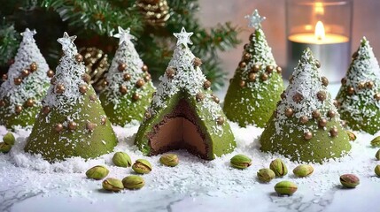 Pistachio Chocolate Mousse Christmas Trees with Lush Filling – Festive Holiday Baking Photography for Bakery Marketing, E-commerce & Seasonal Branding