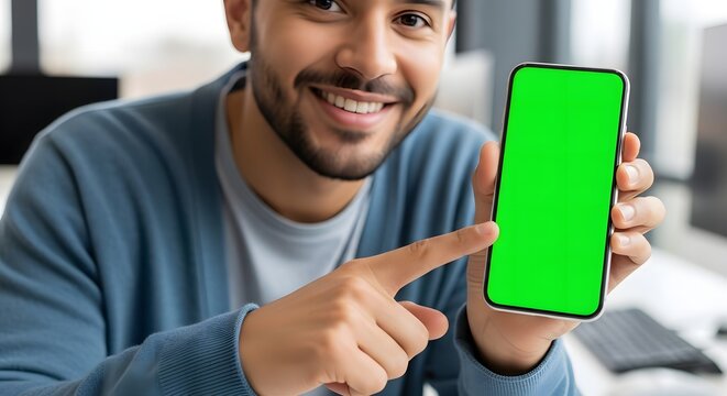 Smiling Man Pointing to Vertical Smartphone with Green Screen Mockup