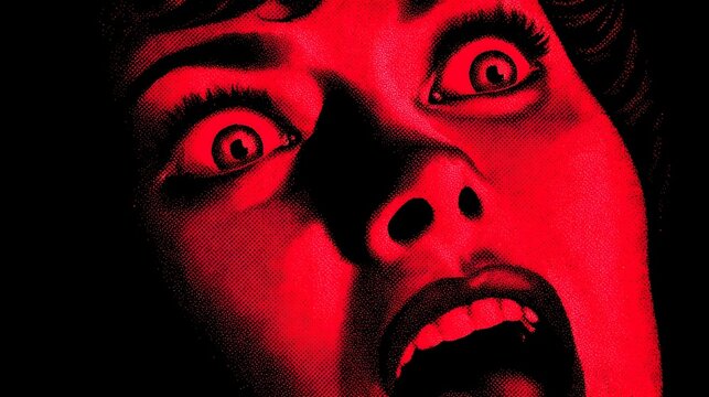 Close up portrait of a person s face expressing extreme fear or shock featuring wide staring eyes and an open screaming mouth depicted with a vintage horror graphic style in bold red and black tones