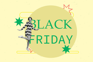 3d sketch poster trend collage image of happy girl dance black friday promo bargain shopping...