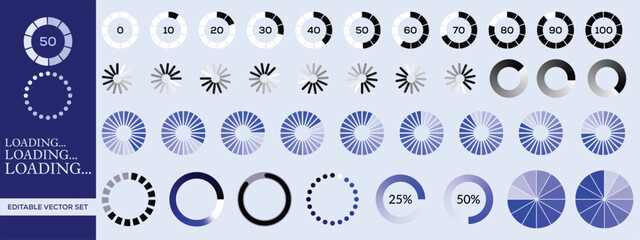 Editable Vector Set of Loading, Progress, and Circular Bar Animations in Modern Blue and Black Color Scheme for Web and UI Design	