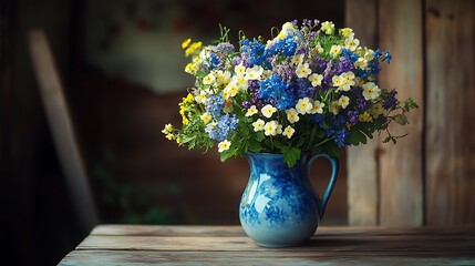 Bring the beauty of nature indoors with this vibrant floral arrangement in a rustic blue vase, perfect for adding a touch of country charm