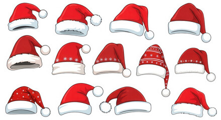 Collection of different santa hats isolated on transparent background