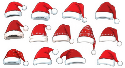 Collection of different santa hats isolated on transparent background