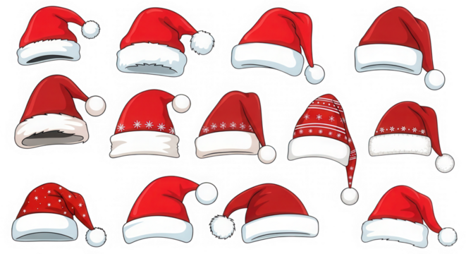 Collection of different santa hats isolated on transparent background