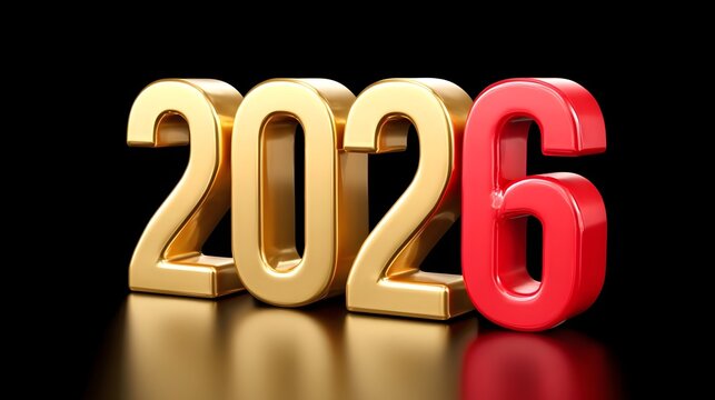 A bold graphic design features metallic gold and vibrant red 3D numerals representing the year 2026 set against a dark reflective backdrop conveying anticipation for the future