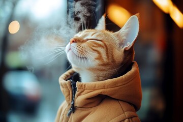 Happy cute adult cat oriental shorthair in winter warm clothes, frosty breath from nose and mouth in cold air. Pet health. Entertaining pets. Pet care hacks. Funny kitten hat. Pet care kit.