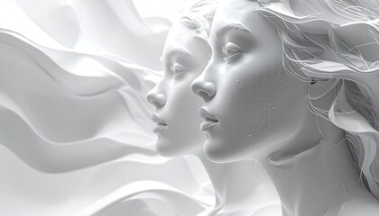 Fototapeta premium Two white ethereal figures, sculpted in profile, with flowing fabric in the background. The scene is illuminated by soft, diffused light