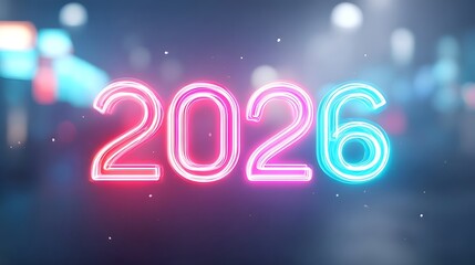 Vibrant neon sign displaying the year 2026 in a gradient of pink to cyan glows against a softly blurred city night backdrop evoking a sense of modern celeb n and future anticipation