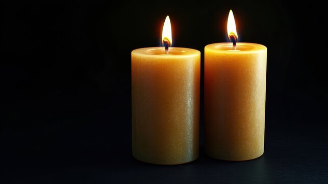 Two lit candles glowing brightly against a dark background, warm light
