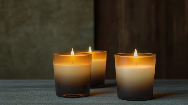 Three lit candles in gradient glass holders, casting a warm glow in a dark room