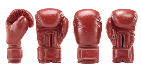 Four red boxing gloves arranged in a row, isolated on a transparent background, representing different angles of the equipment