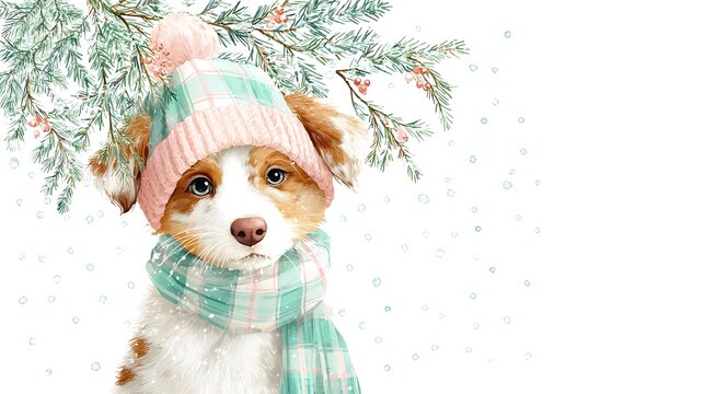 Adorable young dog dressed in cozy knitted winter hat and scarf surrounded by festive pine branches and gentle snowfall conveying a heartwarming seasonal mood