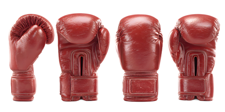 Four red boxing gloves arranged in a row, isolated on a transparent background, representing different angles of the equipment