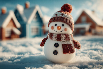 Petit bonhomme de neige en tissu fait main, décoratif et mignon, avec bonnet tricoté et écharpe rayée, posé dans la neige devant des maisons illuminées