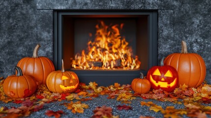 Glowing jack-o'-lanterns and pumpkins by a fireplace with autumn leaves