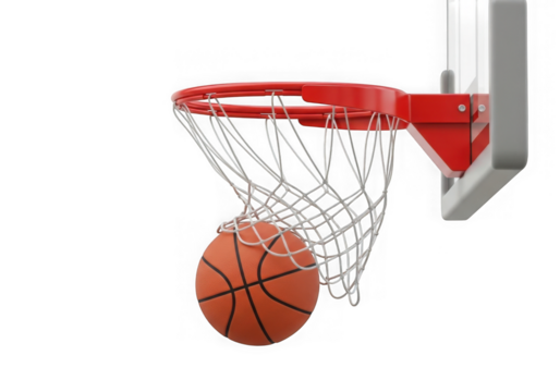 Basketball going through a hoop and net isolated on transparent background