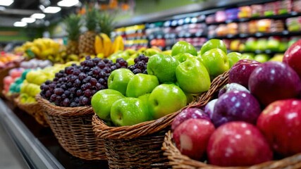 Fresh fruits beautifully displayed in baskets at grocery store, inviting shoppers to enjoy their natural sweetness and nutritional benefits. - Powered by Adobe
