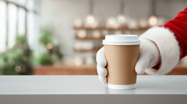 Santa Claus hand in white glove holding a disposable coffee cup on a table in a cozy cafe with blurred background, capturing festive holiday spirit and warmth - Powered by Adobe