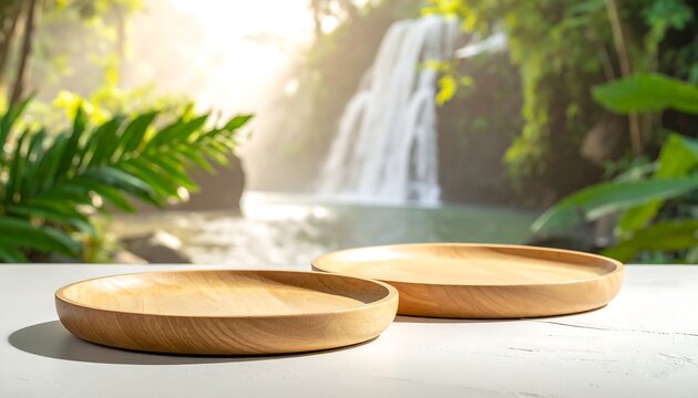 Two wooden plates rest on a table in the foreground, a waterfall and lush greenery blur in the background, creating a tropical, serene scene