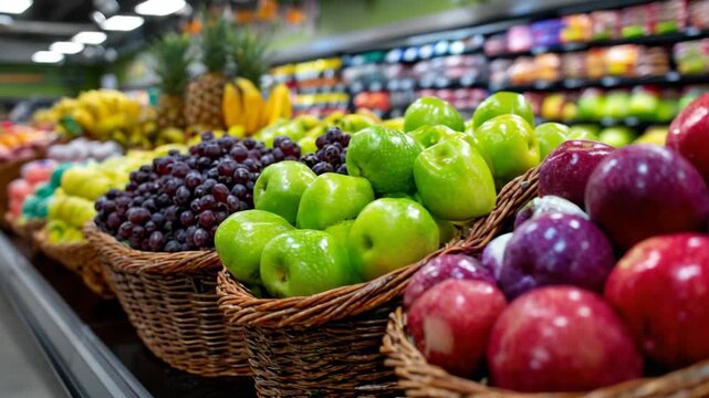 Fresh fruits beautifully displayed in baskets at grocery store, inviting shoppers to enjoy their natural sweetness and nutritional benefits.