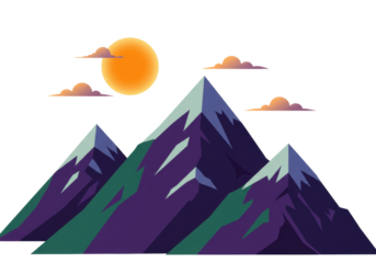 Isolated mountains in daylight with orange sun and clouds, minimalistic vector landscape