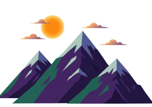 Isolated mountains in daylight with orange sun and clouds, minimalistic vector landscape - Powered by Adobe