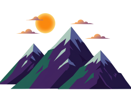 Isolated mountains in daylight with orange sun and clouds, minimalistic vector landscape