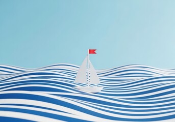 Minimalist 3d sailboat navigating stylized striped blue waves